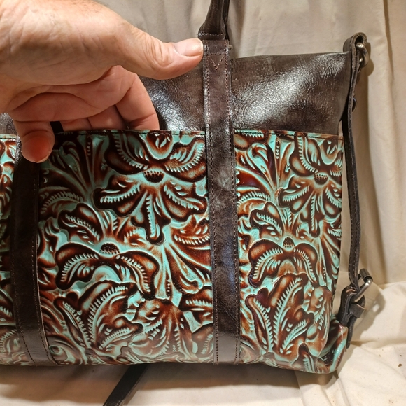 Brown and Green Embossed All Leather Patricia Nash Tote - Picture 11 of 16